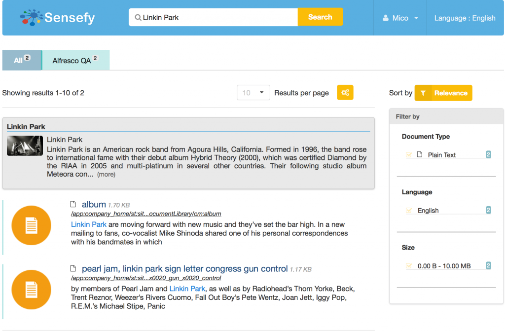 Sensefy Entity Driven Search Results